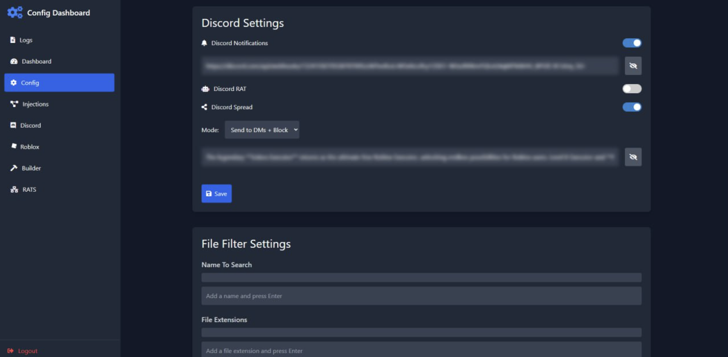 Ebola Stealer Discord and File Filter Settings